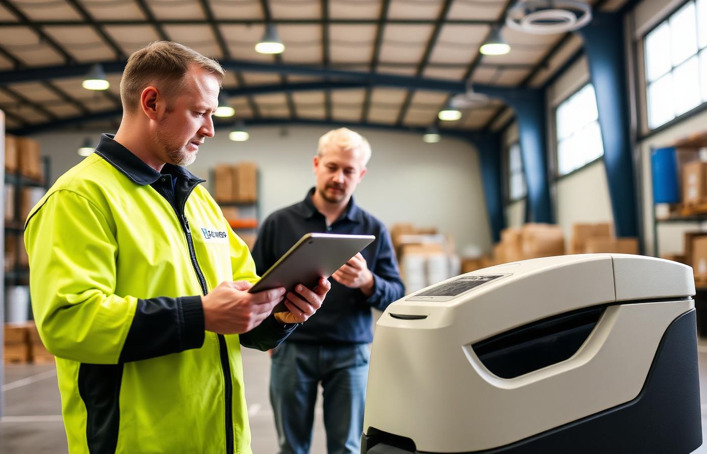 Big Green Machinery engineer training a facility team on a cleaning robot